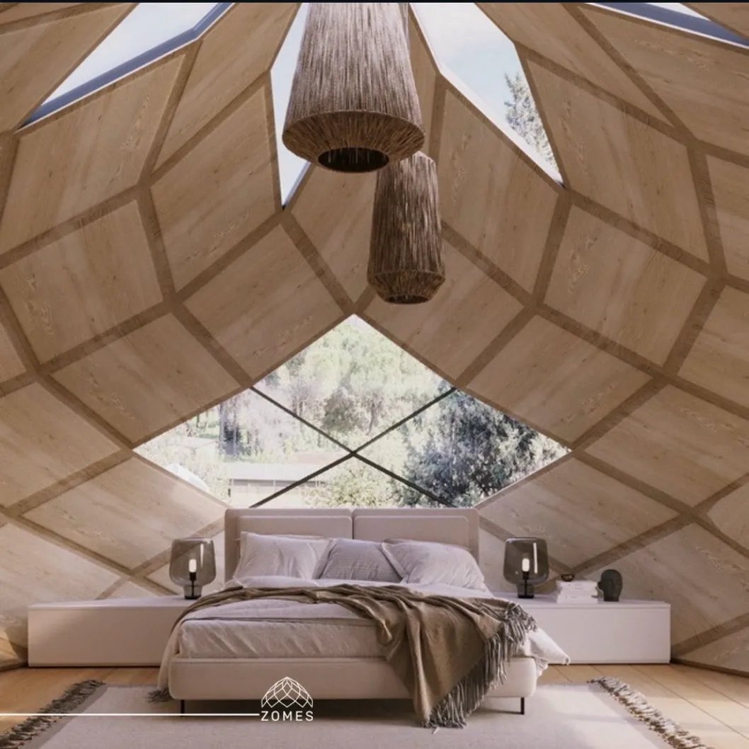 Zome retreat interior — geometric wood ceiling with smart glass window overlooking trees